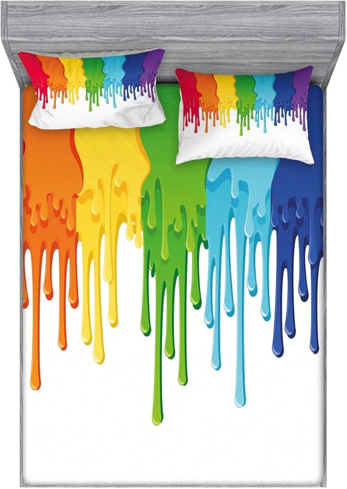 Ambesonne Abstract Fitted Sheet & Pillow Sham Set, Rainbow Colored Paint Leaking Splattered Drops Creative Graphic Design, Decorative Printed 3 Piece Bedding Decor Set, Calking, Rainbow Colors