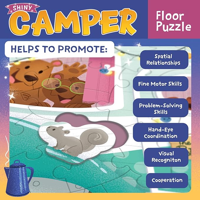 Peaceable Kingdom Shiny Camper Floor Puzzle – Giant Camping Puzzle for Kids Ages 3 & up – Fun Camper Shape – Great for Classrooms