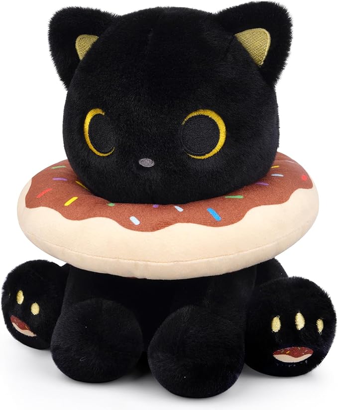 Black Cat Plush, 8inch Donut Black Cat Stuffed Animal Cute Plushies Toys for Girls Kids Boys, Kawaii Kitten Plushie for Kids Adult Birthday Gift