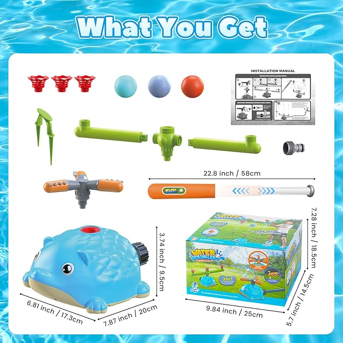 Hedgehog 3-in-1 Sprinkler Baseball Ball Toy Summer Water Toys Outdoor T-Ball Kids Play Sprinkler, Hedgehog Spinning Sprinkler with 3 Jets, 3 Baseballs, 1 Retractable Bat Summer Outdoor Game