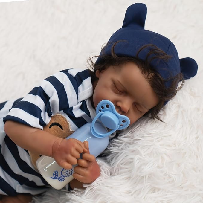 Jirachi Black Realistic Baby Doll Boy, 18-inch Black American Reborn Baby Soft Body Lifelike Doll with Feeding Toy for Kids Age 3+