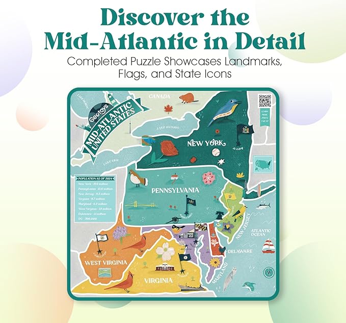 Geotoys Mid-Atlantic Region Jigsaw Puzzle - 250 Piece Puzzle for Kids - Jigsaw Puzzles for Kids Ages 8-12 Years Old - Geography Puzzles with Colorful Landmarks, United States Flag and More