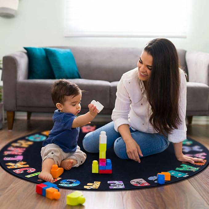 ABC Alphabet Rug for Kids, Classroom Playmat 5ft Non-Slip Circle Rugs for playroom, Round Area Rug for Elementary Classroom, Play Carpet for Boys Girls Bedrooms Playroom,Nursery Rugs-Black