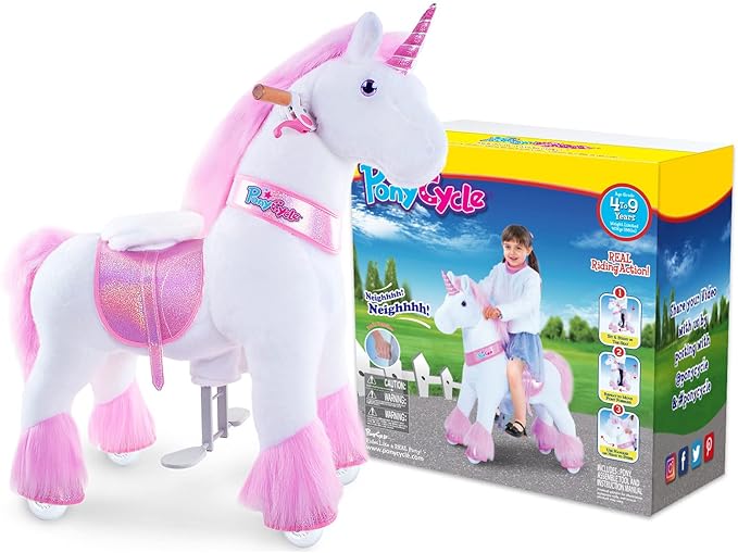 PonyCycle Ride on Pink Unicorn Horse Toys Ride on Toys for Kids 4-8 Year Old Riding Unicorn for Toddlers Size 4 Outdoor Indoor Ride on Animal with Music Sounds Birthday Gifts Ux402.