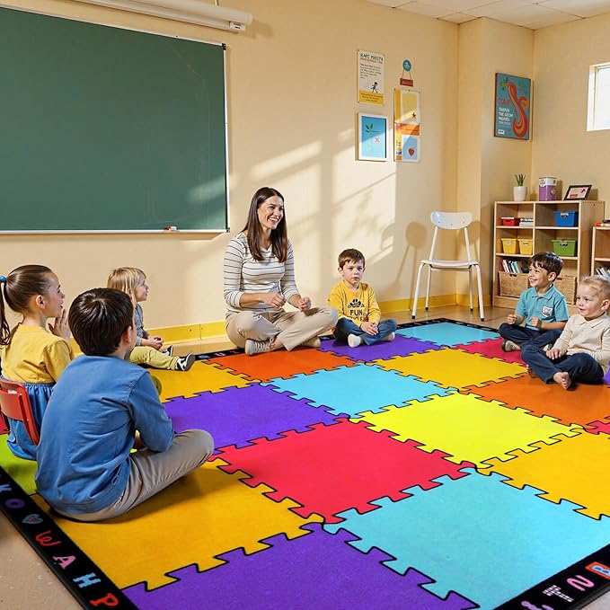 LIVEBOX Classroom Rugs Elementary for Kids, Washable School Learning Area Rugs, Colorful Preschool Children's Classroom Carpet Non-Slip Playroom Rug for Home Learning, 6'x9'(Seats-20)