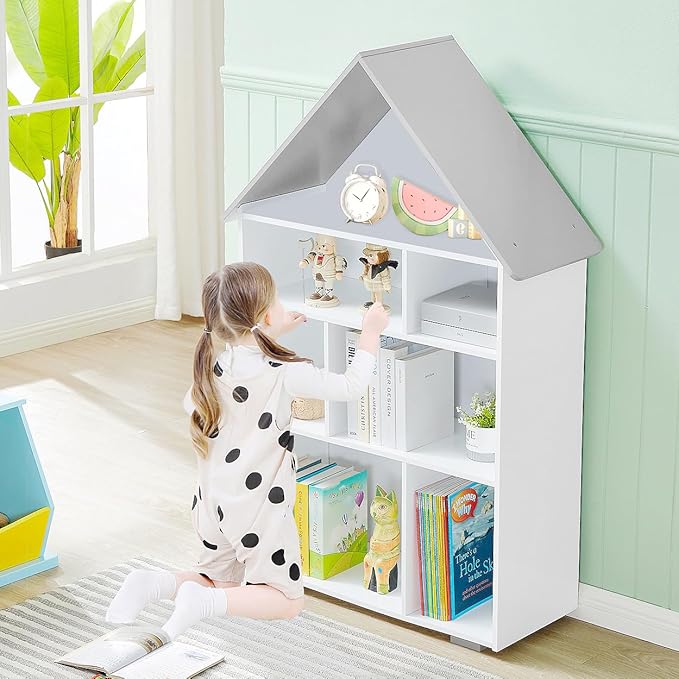 Wooden Dollhouse Bookshelf 4-Tier Children's Bookcase Display Storage Doll House Organizer Furniture for Kids Bedroom Playroom Nursery Kindergarten Gift for Girls Boys Ages 3-8 Years Old