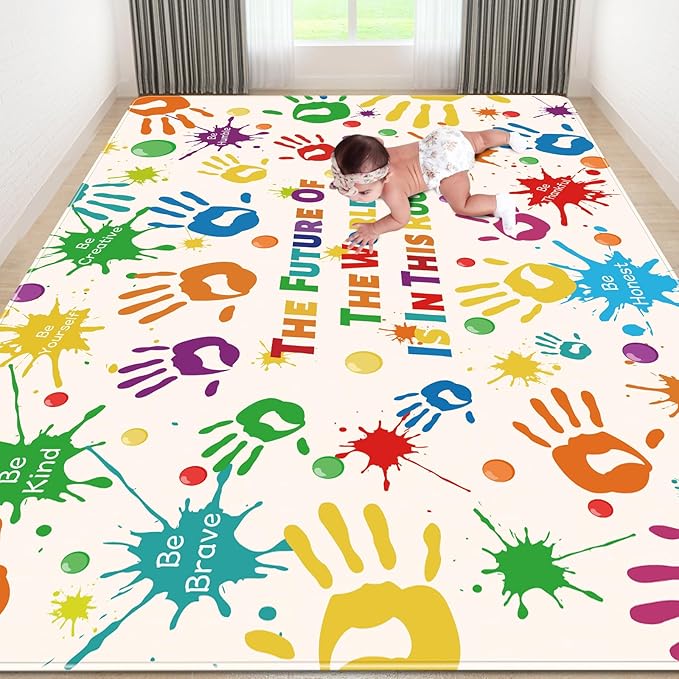 Colorful Kids Rug, Washable Rug for Kids, Handprints Area Rugs for Kids Bedroom, Non-Slip Play Mat Ultra Soft Thick Indoor Plush Rugs for Playroom Classroom Nursery Decor (9'2" X 6'7")