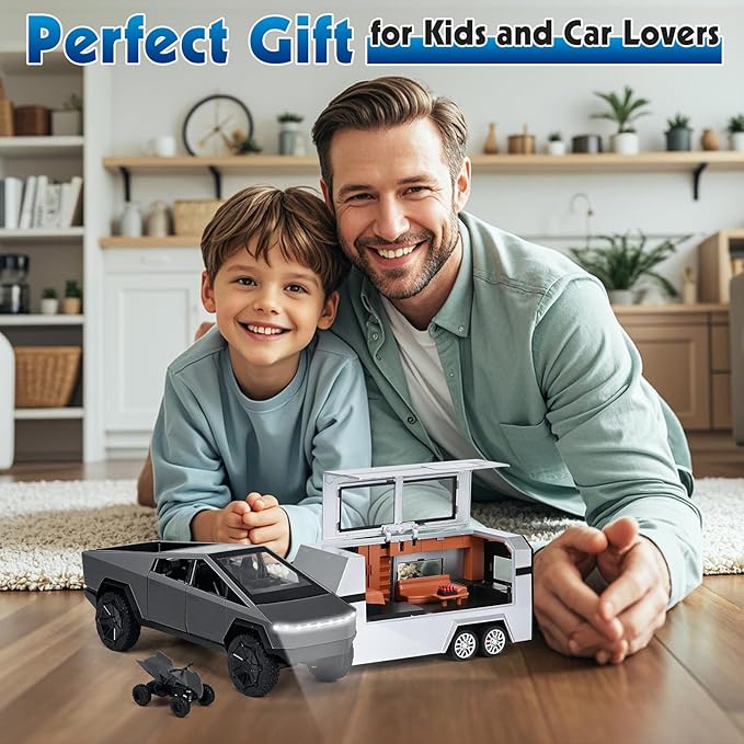 INGQU® Toy Car Alloy Diecast Pick-up Truck Model with RV & Motorcycle with Sound and Light Race Car Display Model Metal Pull-Back Vehicle 3-in-1 Camping Car Set Ideal Gift for Boys Kids Age for 3+