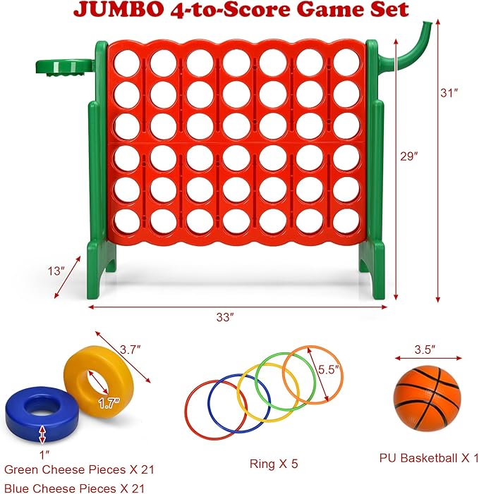 Costzon Giant 4-in-A-Row, Jumbo 4-to-Score Giant Game w/Basketball Hoop, Ring Toss, Quick-Release Slider, 42 Jumbo Rings, Indoor Outdoor Family Connect Game for Kids & Adults, Backyard Games, Green