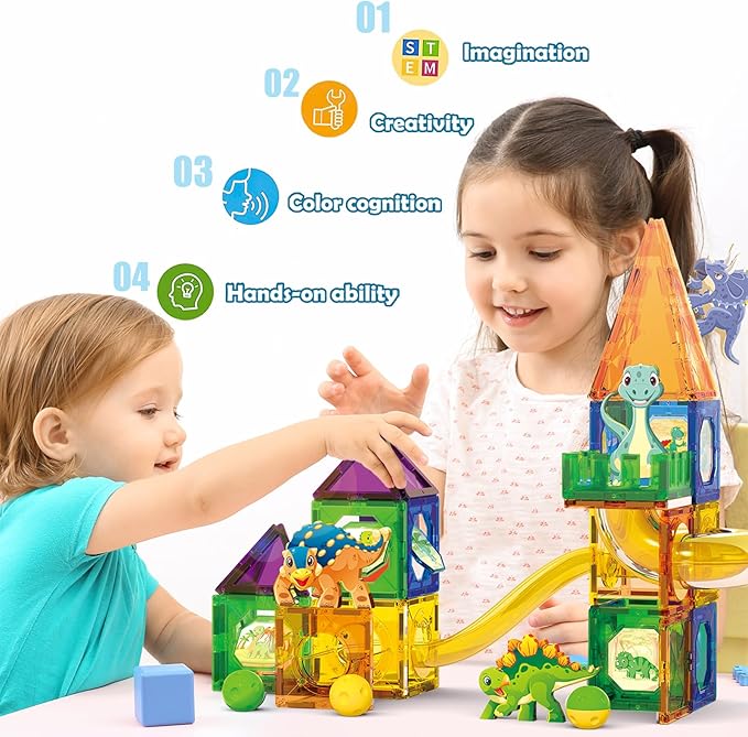 Dinosaur Magnetic Blocks Set, Upgrade DIY Magnets Building Blocks for Kids, 60 Piece Magnets Tiles for Boys and Girls Learning by Playing Games to Improve Imagination and Creativity