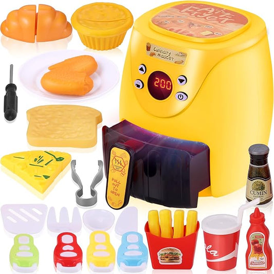 GAGAKU Kids Air Fryer with Play Food Toddler Chefs Pretend Play Food Toys Oven with Light & Sound and Play Food Grill Cooking Utensils,Cooking Toys for 3-8 Year Old Girls Boys Gift