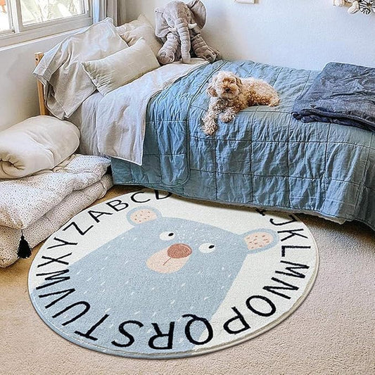Poowe Round Kids Playroom Rug - Soft Alphabet Nursery Rug for Bedroom-Playtime Collection,Learning & Game Carpet for Classroom,Best Shower Gift for Infant Toddlers (Round 47.2", Words Bear)