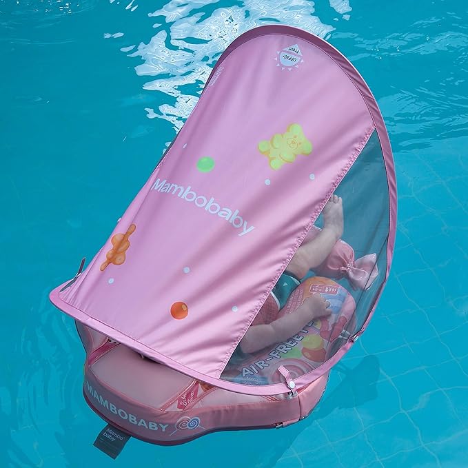 Mambobaby Float Add Tail Baby Swim Float with Canopy Solid Pool Infant Swim Trainer Swimming Training Lying Air Free Water Floats Non-Inflatable Waist Swim Ring for Toddlers (Candy)