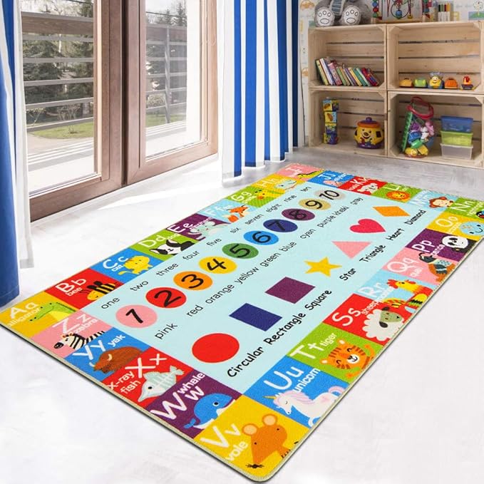 HEBE Kids Play Rug 3'4"x5' ABC Alphabet Numbers Shapes Educational Kid Area Rug Washable Baby Crawling Mat Non Slip Kid Play Mat Carpet for Girl Boy Bedroom Playroom