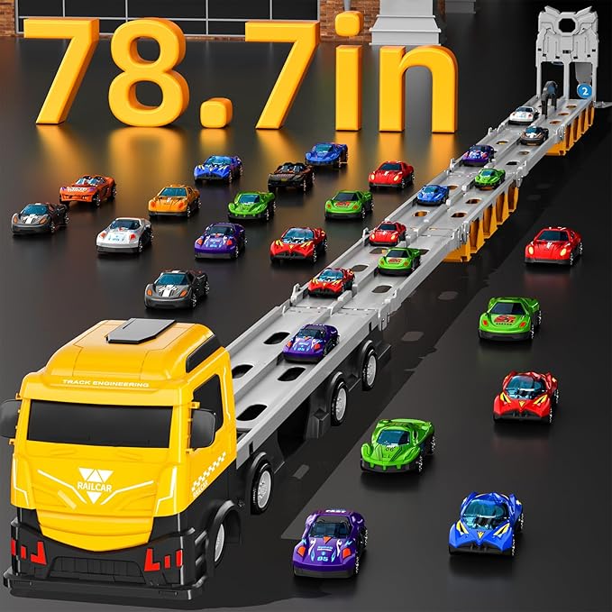 Racing Car Railway Truck Toy for Boys 2 3 4 5 6 7 Years Old - 78.7-inch Transport Carrier Trucks, Foldable Railway Storage, die-cast Car, for Toddlers and Kids Aged 3-5