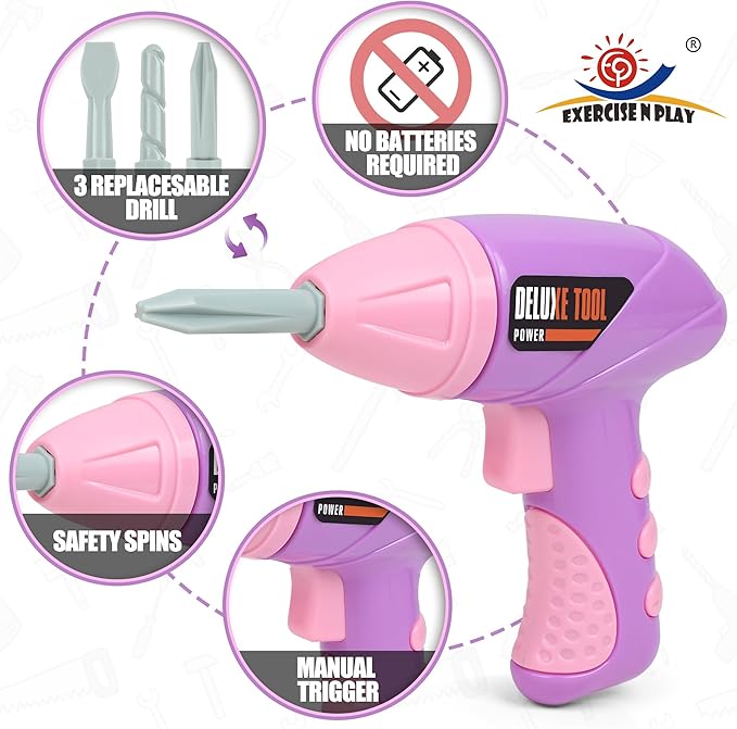 Kids Tool Set - Tool Box & Electronic Toy Drill, Pretend Play Kids Construction Tool Kit,18 Pcs Toddler Tool Set Birthday, for Boys, and Girls Ages 3 4 5 6 7 Year Old(Purple)