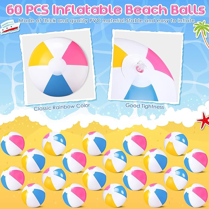 Zhanmai 60 Pack 12 Inch Inflatable Beach Balls Bulk for Party Favors for Boys and Girls Pool Beach Ball Water Game Toys Birthday Decorations(Cute Color)