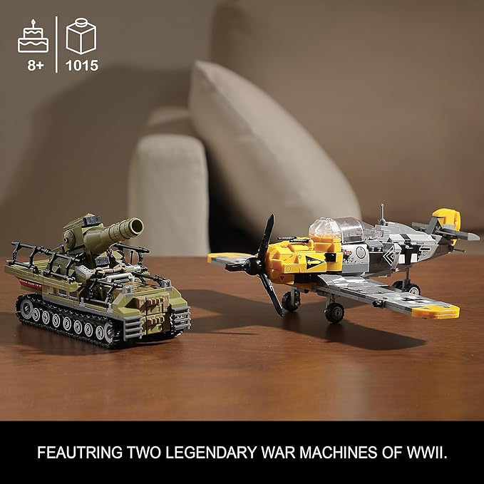 WW2 Military Toys Building Sets Compatible with Lego, Create a BF109 Plane Fighter Jet & a Karl Giant Mortar Tank, Great WWII Army Airplane Toy for Boys and Kids Age 8-12