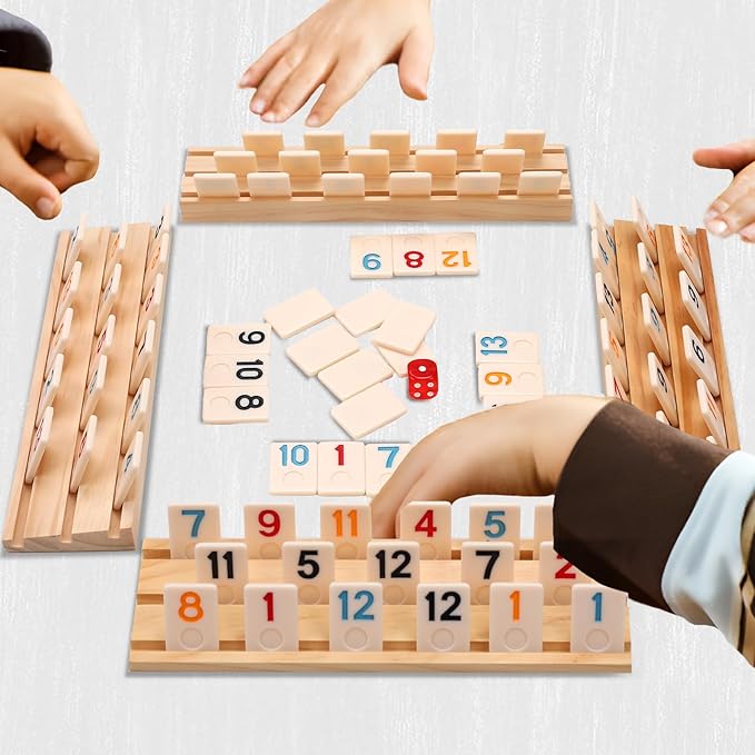 Upgraded Rummy Cube Game Set 4 Players with 4 Wooden Racks & 108 Rummy Tiles | Travel & Family Board Game for Adults and Kids