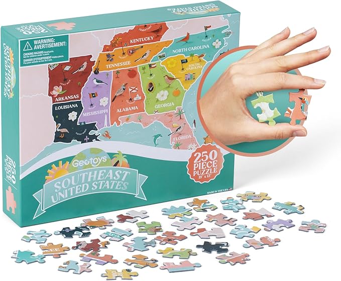 Geotoys Southeast Region Jigsaw Puzzle - 250 Piece Puzzle for Kids - Jigsaw Puzzles for Kids Ages 8-12 Years Old - Geography Puzzles with Colorful Landmarks, United States Flag and More