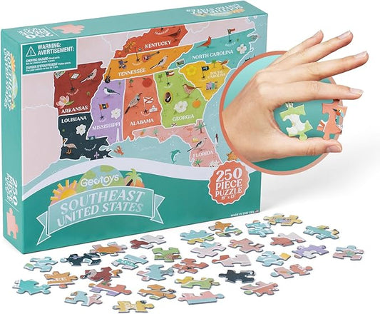 Geotoys Southeast Region Jigsaw Puzzle - 250 Piece Puzzle for Kids - Jigsaw Puzzles for Kids Ages 8-12 Years Old - Geography Puzzles with Colorful Landmarks, United States Flag and More