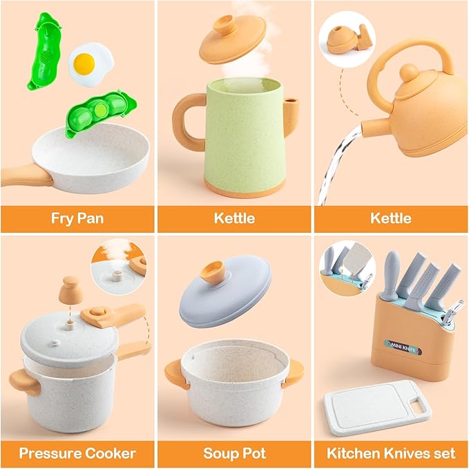 42Pcs Play Kitchen Accessories, Pretend Play Kids Kitchen Playset Toys with Cookware Pots and Pans, Cooking Utensils, Play Food Sets, Preschool Learning Education Toys Gift for Toddlers Girls Boys