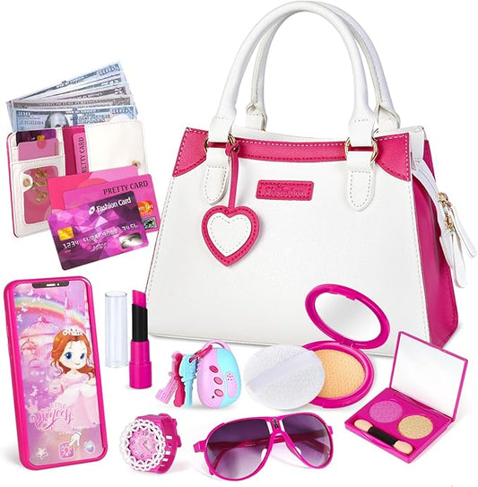 Shemira Play Purse for Little Girls, Princess Pretend Toys for Girls 3 4 5 6 7 8 Years Old, Christmas & Birthday Gift for Girls Age 3-5 4-6 6-8, Toddler Purse with Accessories, Kids Toy Purse, White