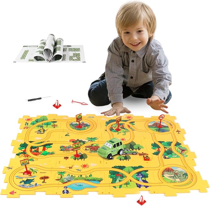 Plastic Dinosaur Puzzles for Kids with A Cute Car, Montessori Toys for 2 3 4 5 6 Year Old Boys, Race Tracks for Kids 3-5, Toddler Puzzle Track Play Set, Gifts for 2 3 4 5 6 Year Old Boys Toys