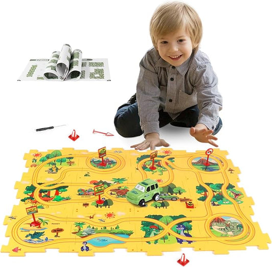 Plastic Dinosaur Puzzles for Kids with A Cute Car, Montessori Toys for 2 3 4 5 6 Year Old Boys, Race Tracks for Kids 3-5, Toddler Puzzle Track Play Set, Gifts for 2 3 4 5 6 Year Old Boys Toys