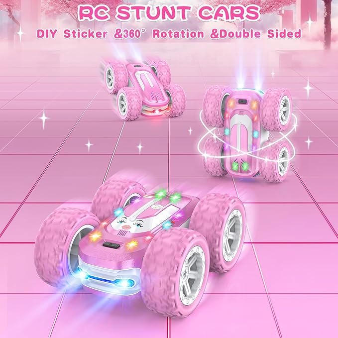 Pink Remote Control Car for Girls, RC Cars for Kids with DIY Sticker & Colorful Lights, 2.4Ghz Double Sided 360° Flips 4WD Stunt Car, Rechargeable Toy Cars for Girl Ages 4-6 5-7 6-8 8-12 Birthday Gift