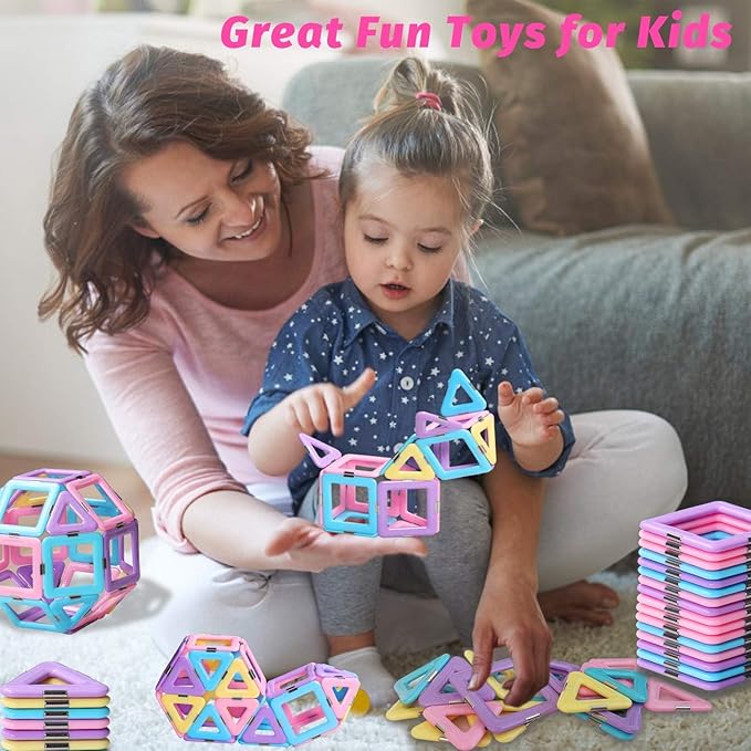 Magnetic Tiles Magnet Blocks for 3 4 5 6 7+ Year Old Boys Girls Macaron Castle Magnetic Building Blocks for Toddlers 3-5, 4-8, Building Blocks for Kids Ages 3+ Birthday Gifts 124pcs