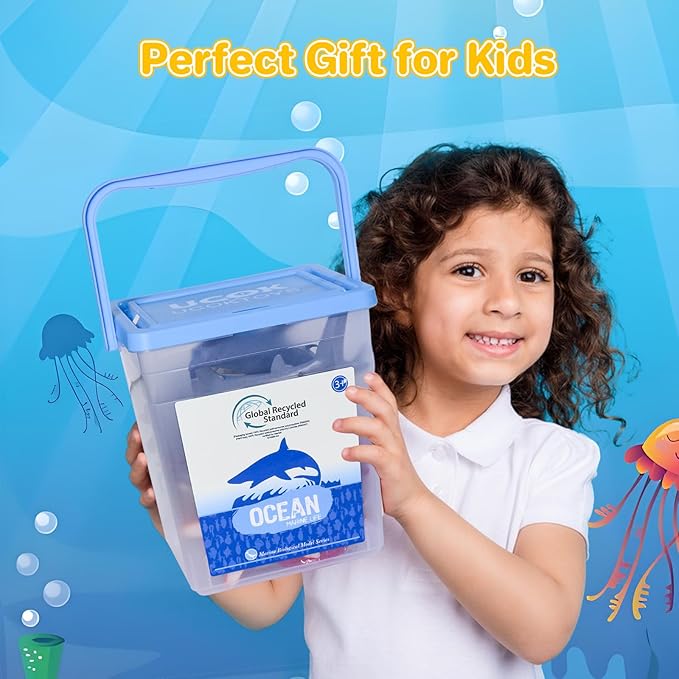 Ocean Sea Animal Figure Toys for Kids 3-5, Realistic Sea Life Figures Animal Toys Sand Toys Beach Bath Playset Include Shark, Whale, Corals, Seagrass, Crab, Octopus, Turtle for Toddler, Boys & Girls