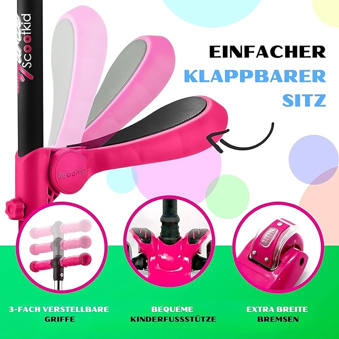 Hurtle 3-Wheeled Scooter for Kids - Wheel LED Lights, Adjustable Lean-to-Steer Handlebar, and Foldable Seat - Sit or Stand Ride with Brake for Boys and Girls Ages 1-14 Years Old