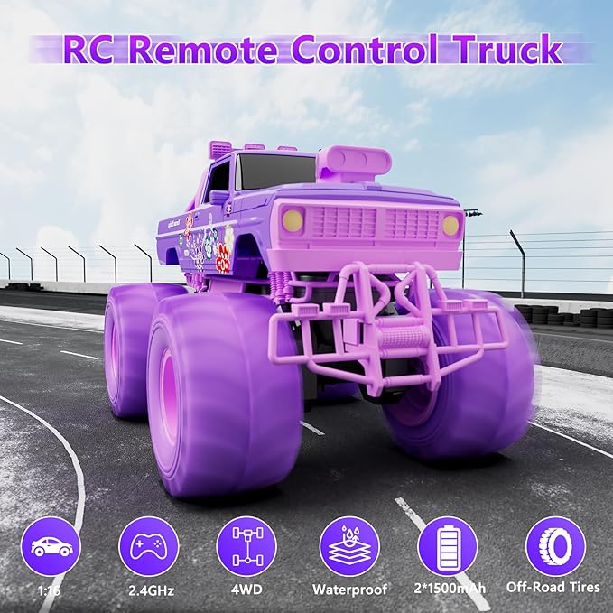 MUYOLO Remote Control Monster Truck for Girls- 1:16 Rc Car with 2 Batteries 2.4GHz 4WD Off-Rock All Terrain Waterproof Amphibious Toys, for Christmas Birthday Gifts Presents Kids Boys Girls Ages 6+