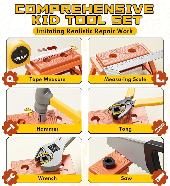 Lehoo Castle Kids Tool Set with Electric Toy Drill ＆ Tool Box ＆ Take Apart Construction Toys, Pretend Play Tool Set for Toddlers 3-5, Montessori Tool Box for Boys Girls