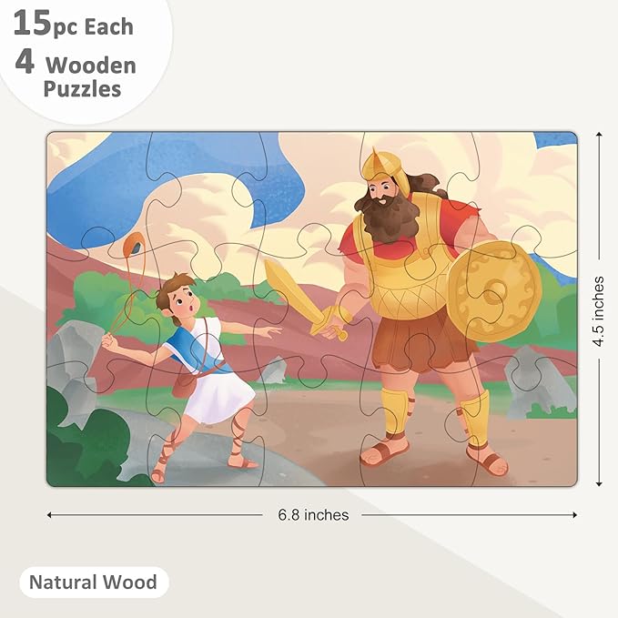 Bible Puzzles for Kids, 4-in-1 Wooden Jigsaw Puzzles in Box 15 Piece Each, Christian Religious Toys for Kids, Noah’s Ark | Daniel in The Lion’s Den | David and Goliath (Old Testament)