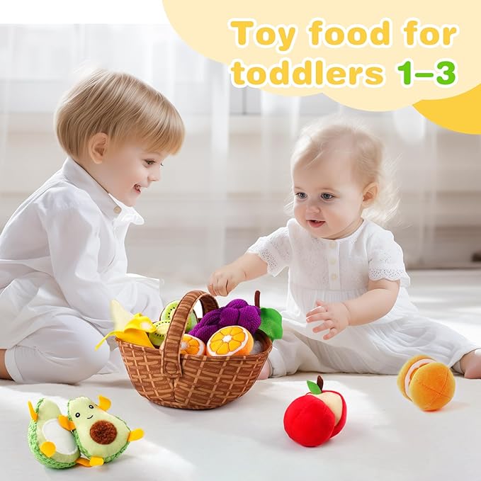 Play Food for Toddler 1-3, Plush Pretend Food Set with Sorting Fruit Basket, Baby Sensory Toys 6-12 Months, Montessori Learning Early Educational Toy for Infants, Gifts for 1 Year Old Boy Girl