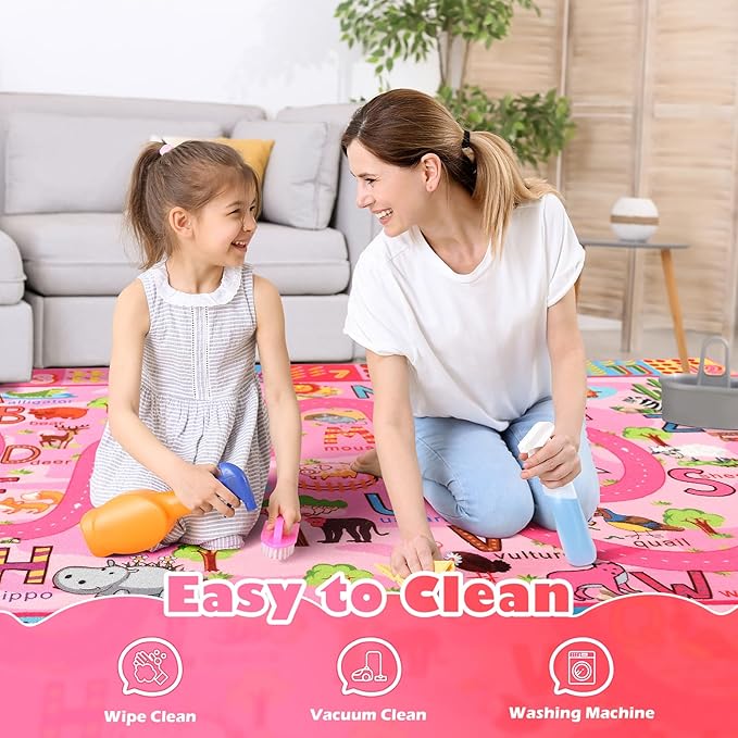 Terrug Kids Rug for Playroom, Educational Classroom Rug for Kids Room, Washable Nursery Rugs Non Slip Playroom Rugs Play Mat for Learning ABC Carpet, Numbers, Animal, Colors, Season, 4X6 Feet, Pink