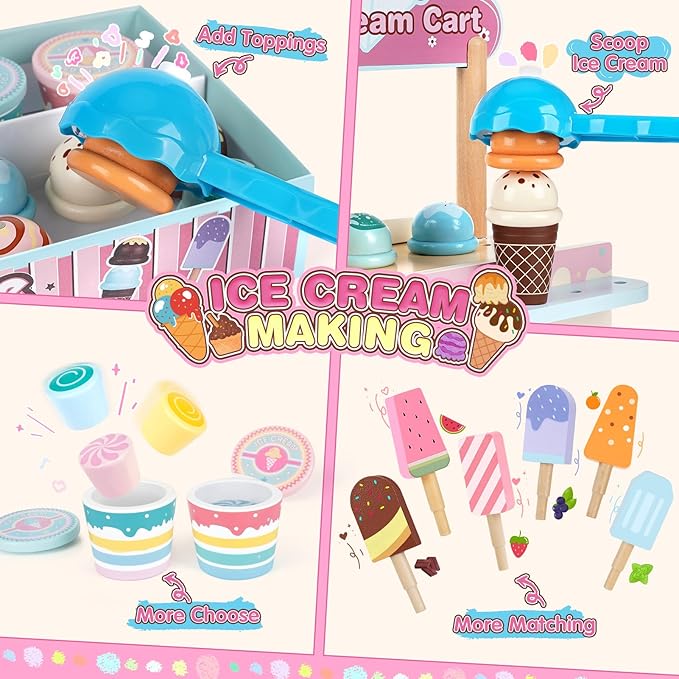 Dreamon Wooden Ice Cream Toys for Kids Toddlers, 48 PCS Ice Cream Cart Play Kitchen Accessories with Menu, Pretend Money, Wooden Ice Cream Shop Play Food Sets for 3 4 5 6 Year Old Girls Boys Gifts
