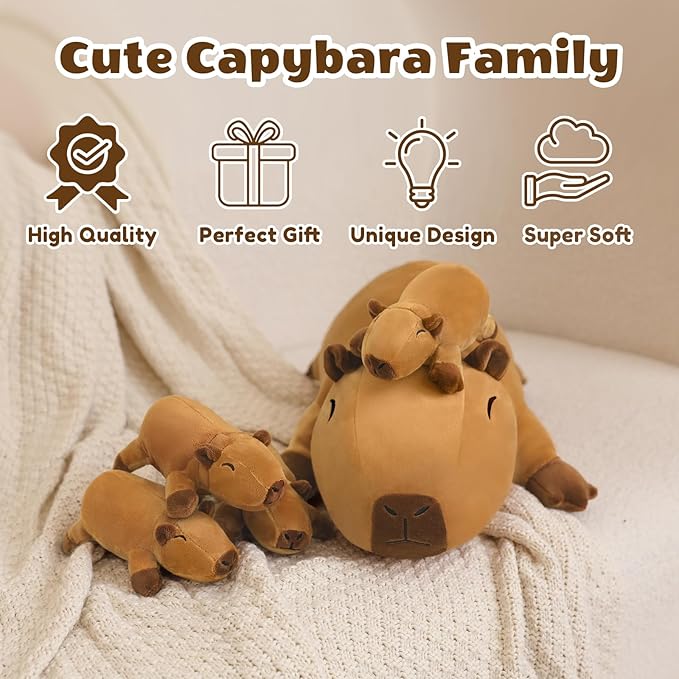 SQEQE Stuffed Capybara Plush - Cute Capybara Mommy with 4 Babies Surprise Soft Animal Toy Christmas, Valentine's, Birthday Gifts Ideal for Boys and Girls
