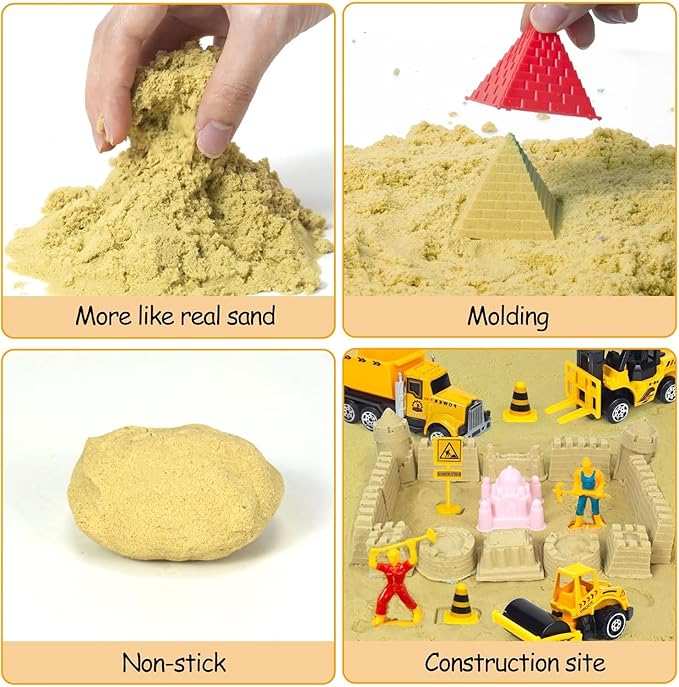 Sensory Bin, Diecast Construction Trucks Play Sand Art Kits with 2.2lbs Magic Sand, Molds, Shovel, 6Pcs Construction Vehicles, Crane- Great Sensory Sandbox Toys for Kids Toddlers Age 3-8