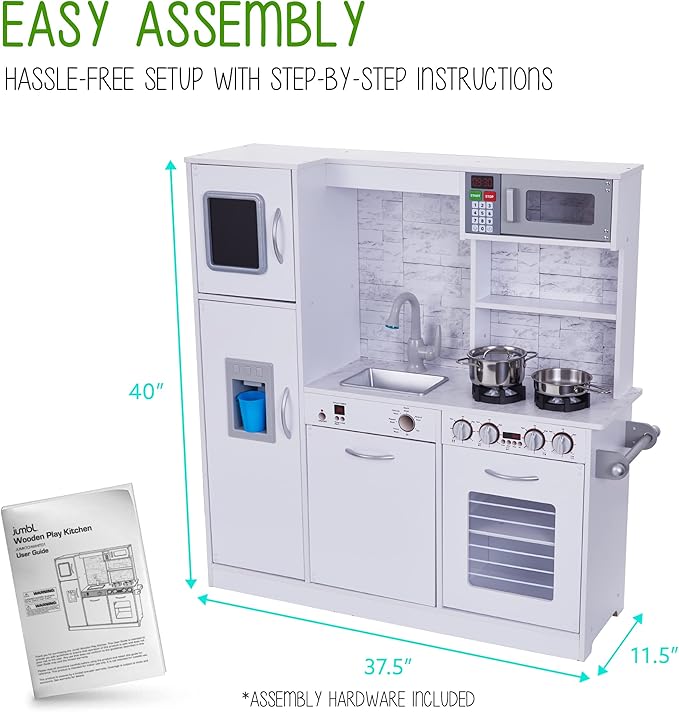 Lil' Jumbl Kids Kitchen Set, Pretend Wooden Play Kitchen, Battery Operated Icemaker, Burners, Faucet & Microwave Makes Realistic Sound & Light, Pots & Pan Included - White