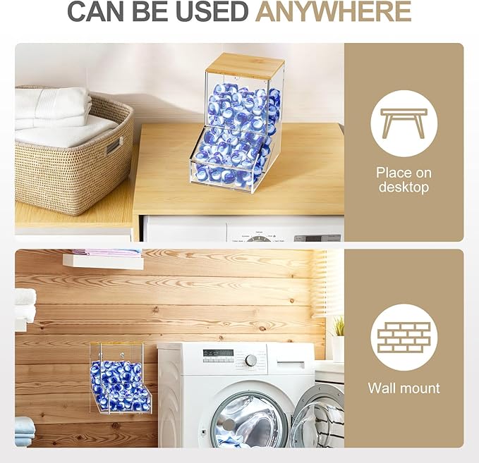 TCJJ Acrylic Laundry Pods Container & Dishwasher Pods Holder - Wall Mountable & Freestanding Dispenser with 2 Lids for Powder, Dryer Balls, Beads - Sturdy 3mm Clear Acrylic Design Fits Any Home Decor