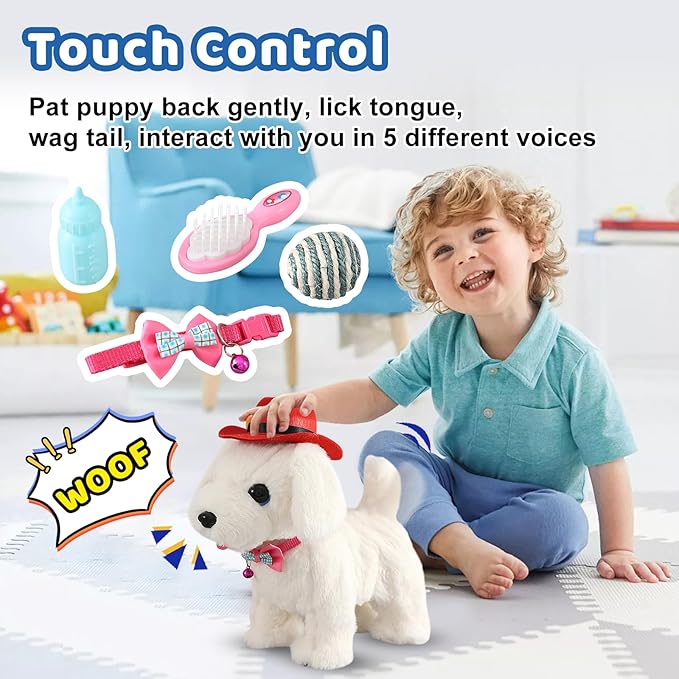 White Labrador Walking Dog Barking Dog for Child Kid Licking Puppy Talking Dog with Leash, Interactive Robot Dog Tail Wagging Singing Plush Lab Dog Stuffed Dog Pretend Dress Up Christmas Girl Boy Gift