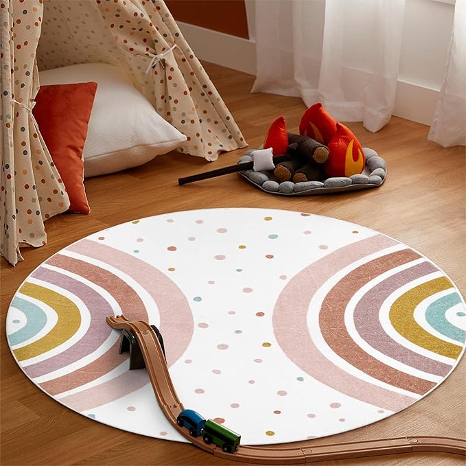 STARUIA Colorful Round Rug for Nursery, 4 Ft Rainbow Washable Rug for Playroom, Boho Kids Rug Non-Slip Soft Bedroom Carpet for Classroom Teepee Princess Castle
