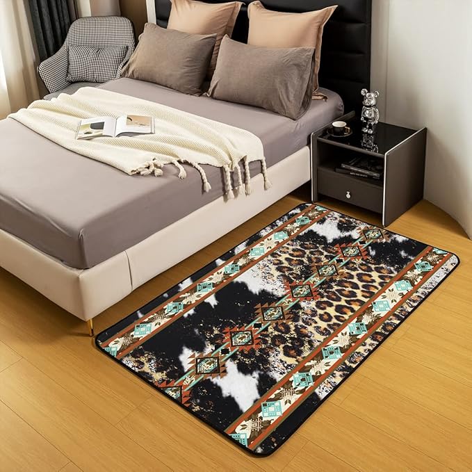 Erosebridal Cowhide Area Rug 4x5, Brown Leopard Print Rug for Living Room, Western Exotic Aztec Cow Print Machine Wash Dry Carpet, Farmhouse Wild Animal Skin Cowboys for Men