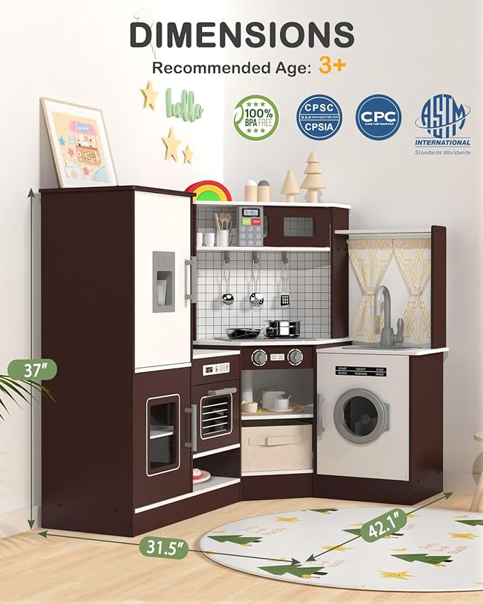 Babytronic Corner Wooden Play Kitchen Set for Kids w/Lights & Sounds, Pretend Play Kitchen Playset with Stove, Microwave, Ice Maker & Accessories, Perfect for Toddlers & Multiple Children (Coffee)