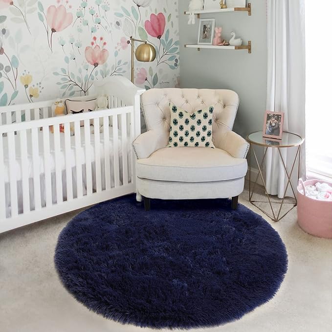 Dark Navy Round Rugs 5Ft for Teen Boys Bedroom, Washable Fluffy Shag Fuzzy Plush Circle Area Rug for Kids Room, Living Room Decor Aesthetic, Indigo Furry Cool Dark Blue Carpet for Dorm Baby Nursery