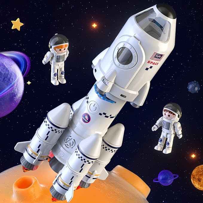 TEMI Space Rocket Spacecraft Toy for 3 4 5 6 7 8 9 Years Old Kids - 5-in-1 Airplane Educational Aerospace Set with 2 Astronauts, Projection Lamp, Outer Space Toy Gifts for Boys Girls 3+