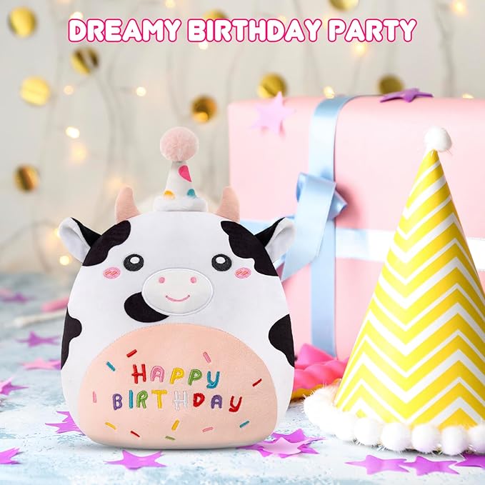SQEQE Cow Stuffed Animal Kawaii Cow Plushie with Birthday Hat Soft Cow Stuffed Toy Birthday Party Decoration Gift for Kids Girls Boys(Dairy Cow,10 Inch)